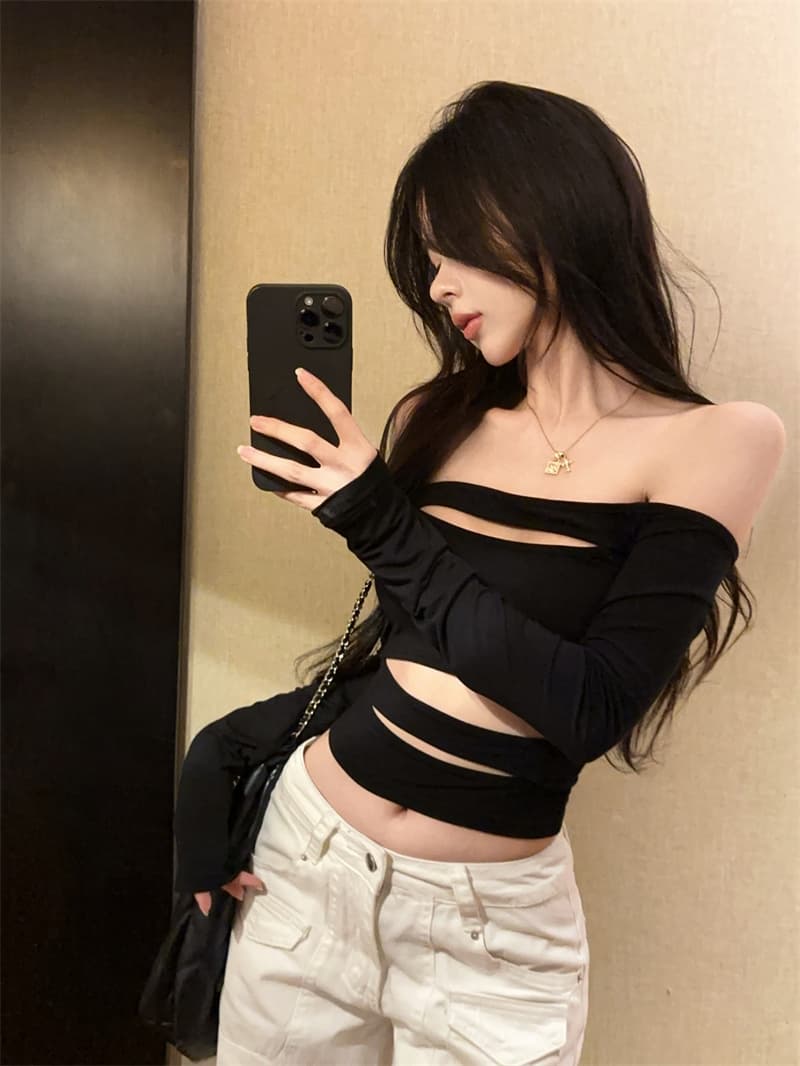 실사 섹시함 핫걸 홀로우 아웃 오프숄더 몸매 가꾸기 슬림해 보이는 긴팔 이슬 뼈의 기본 셔츠 티셔츠 상세 이미지 3