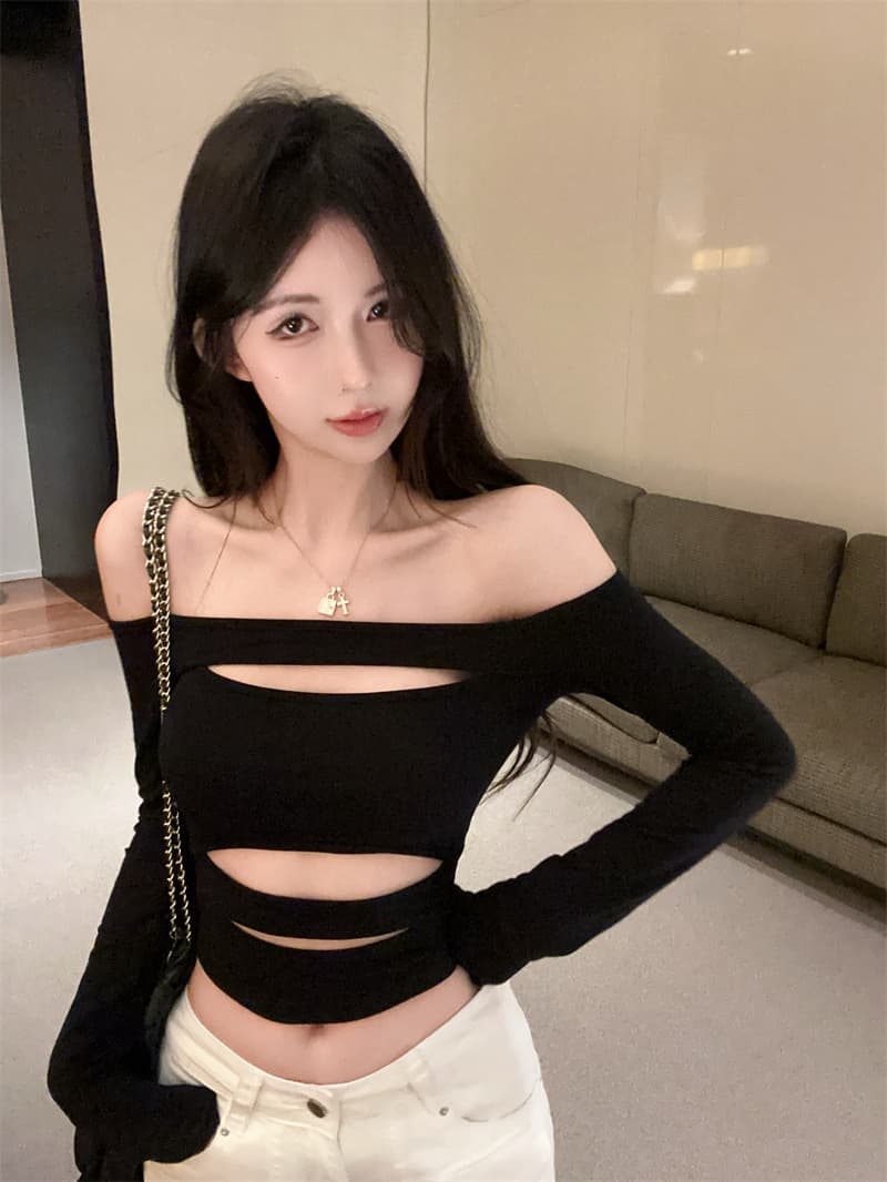 실사 섹시함 핫걸 홀로우 아웃 오프숄더 몸매 가꾸기 슬림해 보이는 긴팔 이슬 뼈의 기본 셔츠 티셔츠 상세 이미지 5