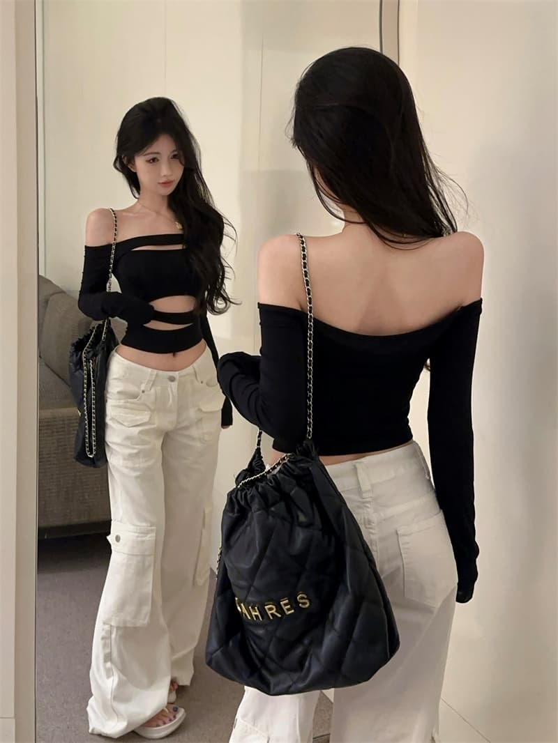 실사 섹시함 핫걸 홀로우 아웃 오프숄더 몸매 가꾸기 슬림해 보이는 긴팔 이슬 뼈의 기본 셔츠 티셔츠 상세 이미지 10