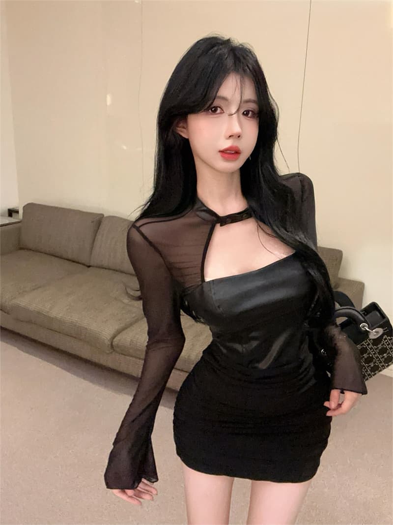 실사 검정색 망사 패치워크 가죽 긴팔 타이트 타이트 스커트 순수한 욕망 핫걸 쇼트 스타일 드레스 상세 이미지 8