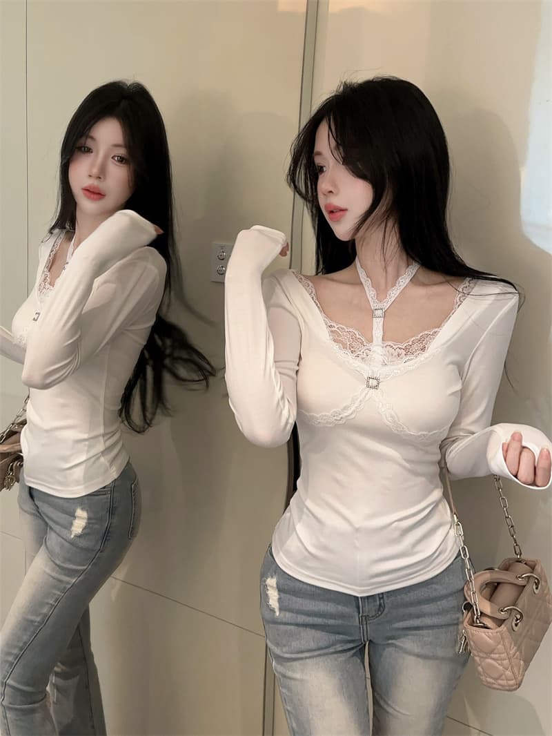 실사 순수한 욕망 핫걸 섹시함 행침 목 광장 칼라 패치워크 레이스 레이스 인사이드 가져 가라. 기본 셔츠 맨위 상세 이미지 3