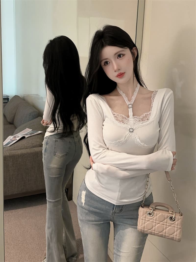 실사 순수한 욕망 핫걸 섹시함 행침 목 광장 칼라 패치워크 레이스 레이스 인사이드 가져 가라. 기본 셔츠 맨위 상세 이미지 4