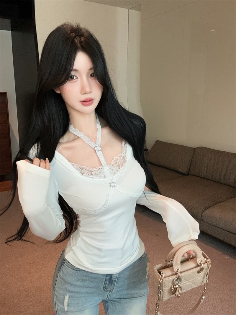 실사 순수한 욕망 핫걸 섹시함 행침 목 광장 칼라 패치워크 레이스 레이스 인사이드 가져 가라. 기본 셔츠 맨위 상세 이미지 8