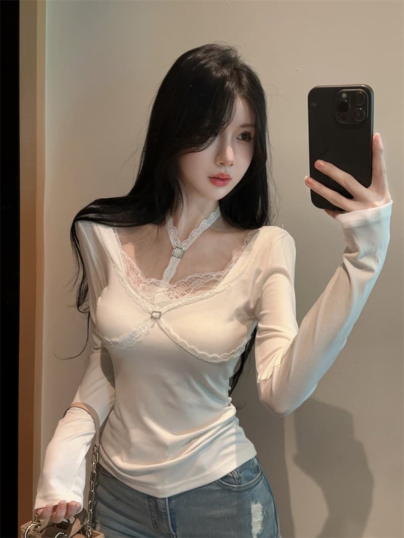 실사 순수한 욕망 핫걸 섹시함 행침 목 광장 칼라 패치워크 레이스 레이스 인사이드 가져 가라. 기본 셔츠 맨위 상세 이미지 9