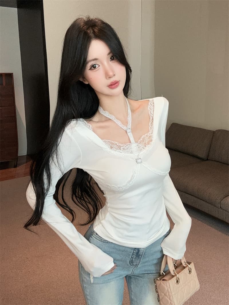 실사 순수한 욕망 핫걸 섹시함 행침 목 광장 칼라 패치워크 레이스 레이스 인사이드 가져 가라. 기본 셔츠 맨위 상세 이미지 11