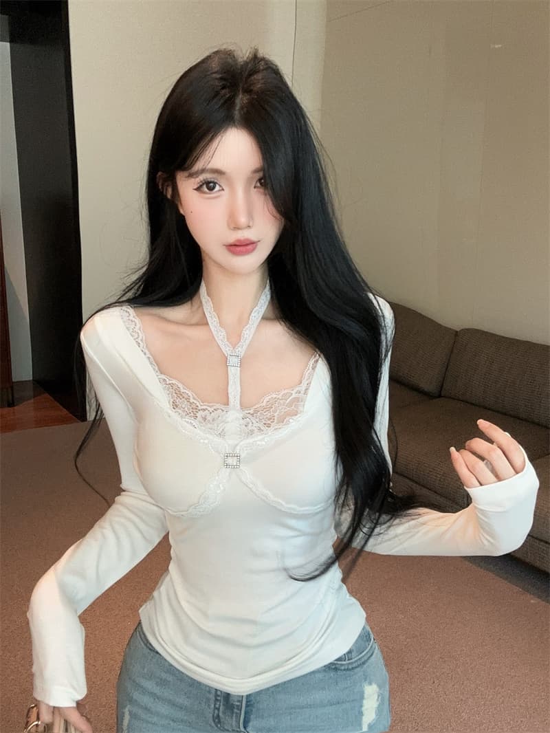 실사 순수한 욕망 핫걸 섹시함 행침 목 광장 칼라 패치워크 레이스 레이스 인사이드 가져 가라. 기본 셔츠 맨위 상세 이미지 12
