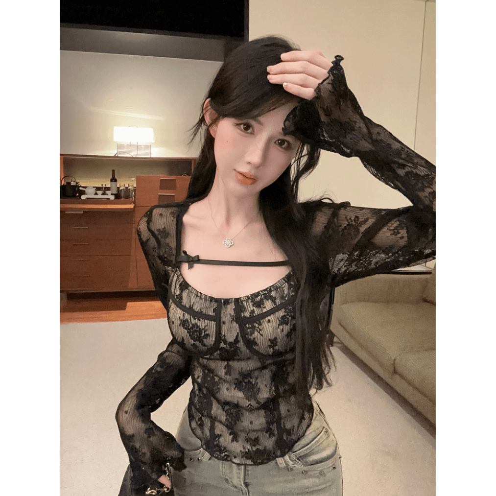 실사 광장 칼라 레이스 조각 홀로우 아웃 나비 매듭 순수한 욕망 기본 셔츠 맨위 이미지 5