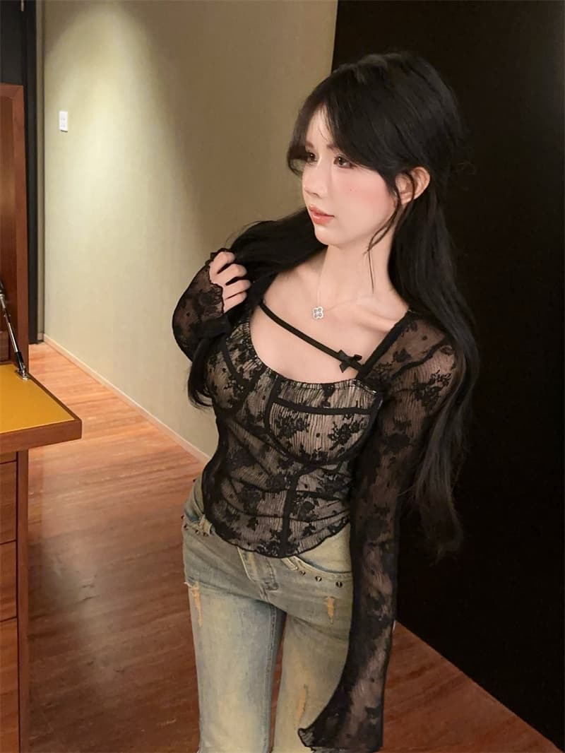 실사 광장 칼라 레이스 조각 홀로우 아웃 나비 매듭 순수한 욕망 기본 셔츠 맨위 상세 이미지 3