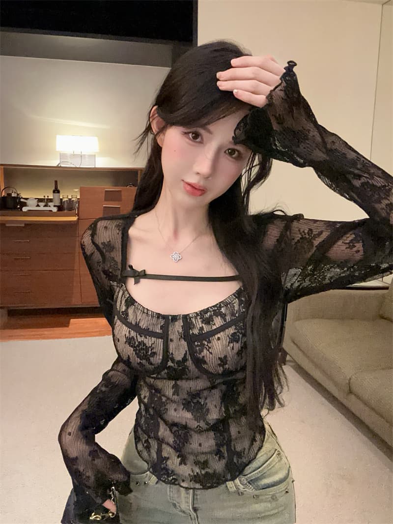 실사 광장 칼라 레이스 조각 홀로우 아웃 나비 매듭 순수한 욕망 기본 셔츠 맨위 상세 이미지 9