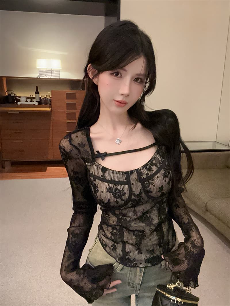 실사 광장 칼라 레이스 조각 홀로우 아웃 나비 매듭 순수한 욕망 기본 셔츠 맨위 상세 이미지 11