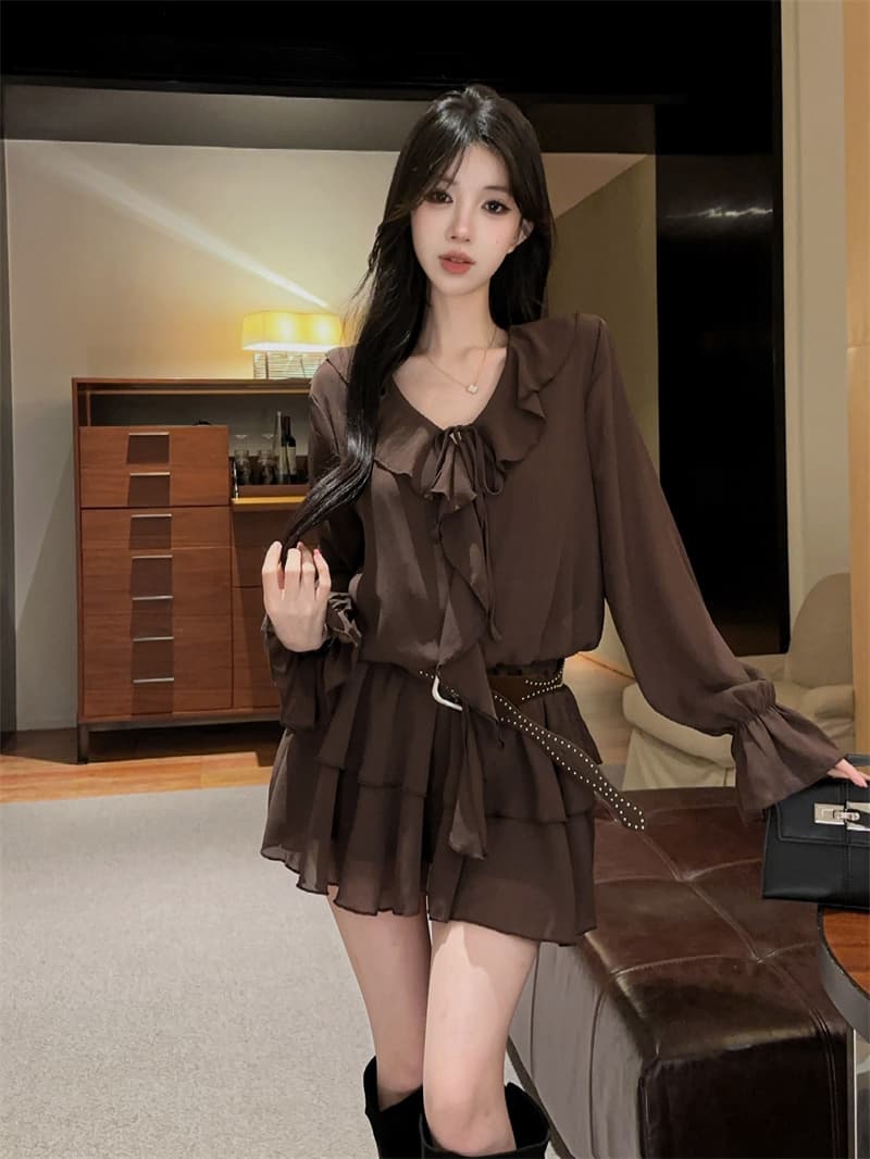 실사 프랑스식 달콤함 프릴 V넥 나팔 소매 긴팔 디자인 센스 허리 수축 쇼트 스타일 케이크 치마 벨트 상세 이미지 8
