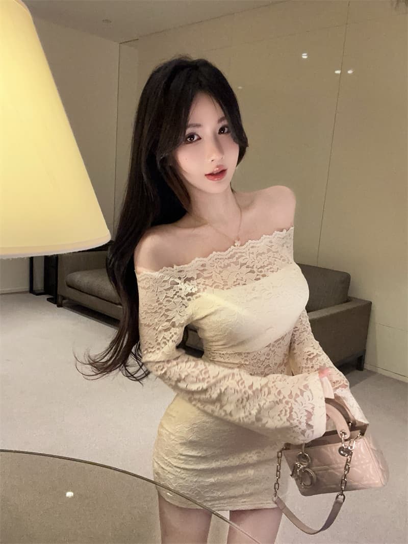 실사 섹시함 순수한 욕망 오프숄더 레이스 홀로우 아웃 나팔 소매 타이트 스커트 상세 이미지 2