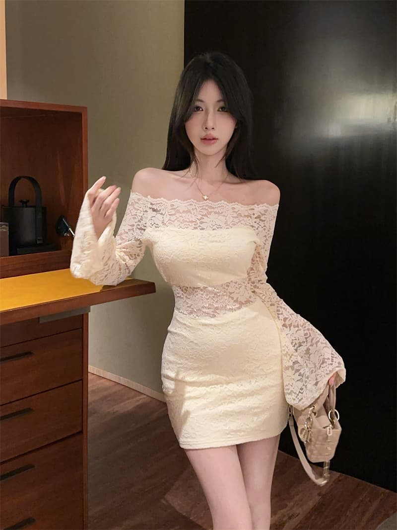 실사 섹시함 순수한 욕망 오프숄더 레이스 홀로우 아웃 나팔 소매 타이트 스커트 상세 이미지 4