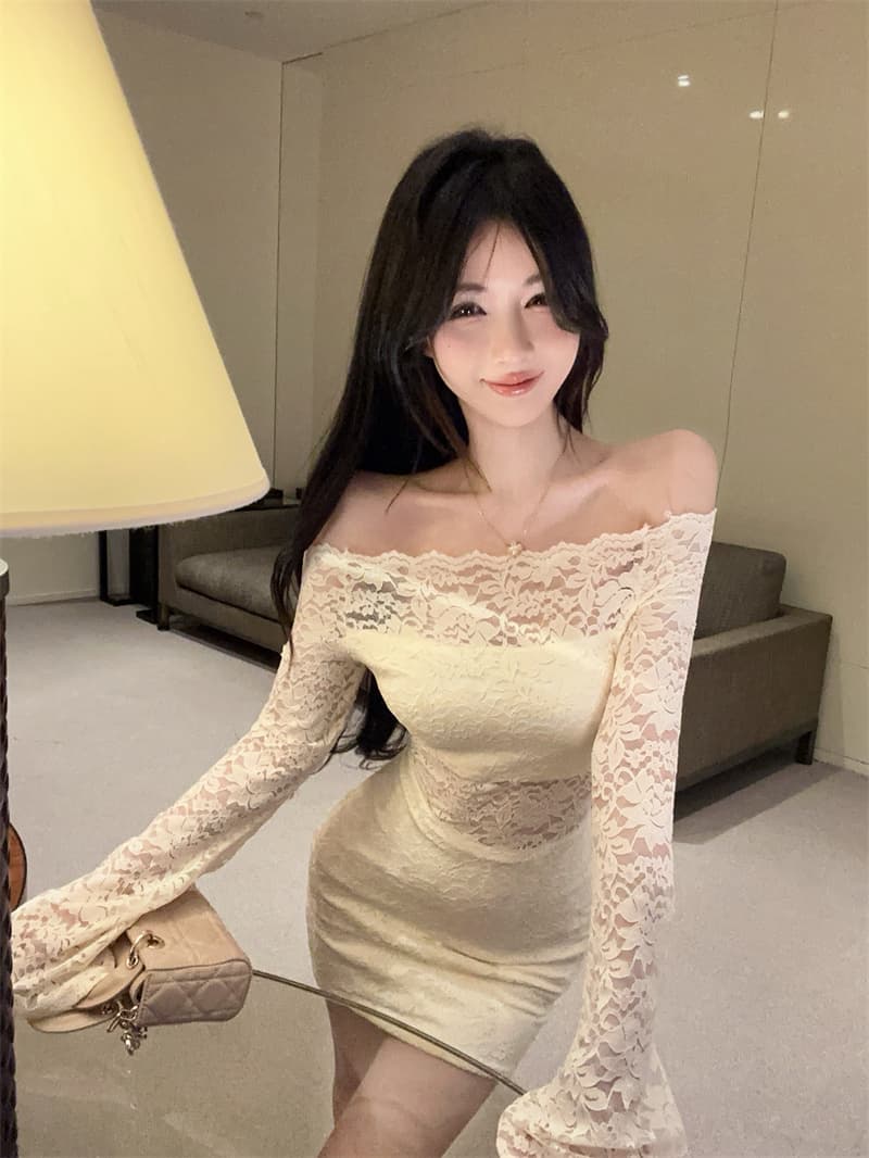 실사 섹시함 순수한 욕망 오프숄더 레이스 홀로우 아웃 나팔 소매 타이트 스커트 상세 이미지 5