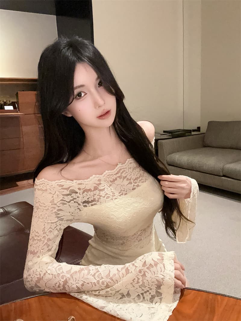 실사 섹시함 순수한 욕망 오프숄더 레이스 홀로우 아웃 나팔 소매 타이트 스커트 상세 이미지 6