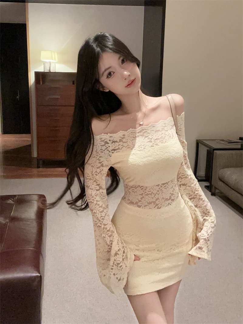 실사 섹시함 순수한 욕망 오프숄더 레이스 홀로우 아웃 나팔 소매 타이트 스커트 상세 이미지 9