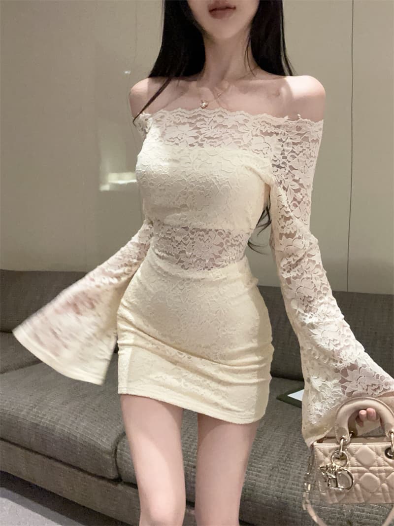 실사 섹시함 순수한 욕망 오프숄더 레이스 홀로우 아웃 나팔 소매 타이트 스커트 상세 이미지 12