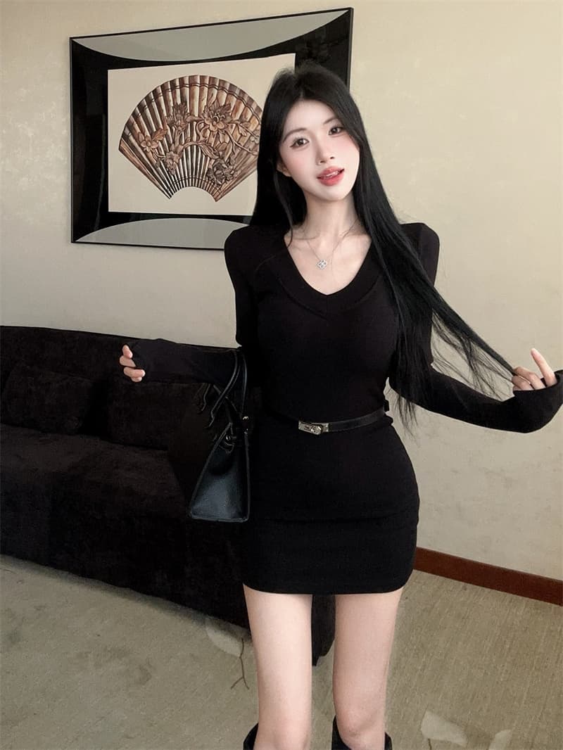 실사 V넥 핫걸 품격 다용도 몸매 가꾸기 허리 수축 타이트 스커트 인사이드 가져 가라. 점프 슈트 치마 벨트 상세 이미지 4