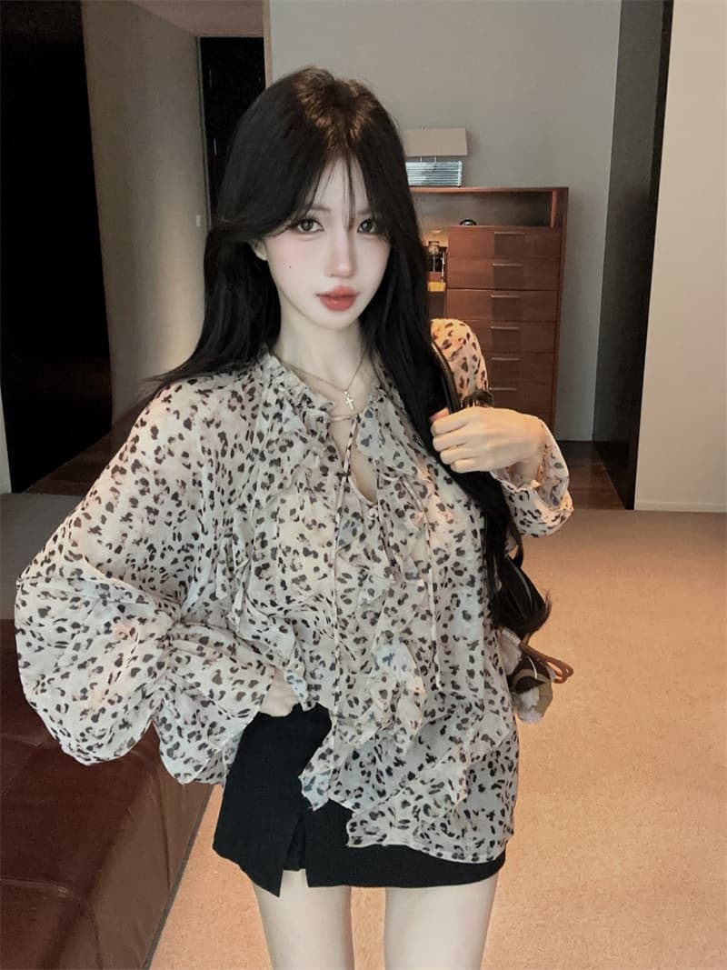 실사 목이버섯 프릴 레이스업 레오파드 무늬 루즈핏 마이크로 ~을 통해 긴팔 쉬폰 셔츠 상세 이미지 5