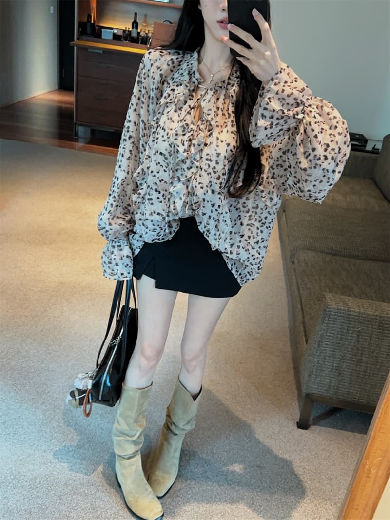실사 목이버섯 프릴 레이스업 레오파드 무늬 루즈핏 마이크로 ~을 통해 긴팔 쉬폰 셔츠 상세 이미지 6