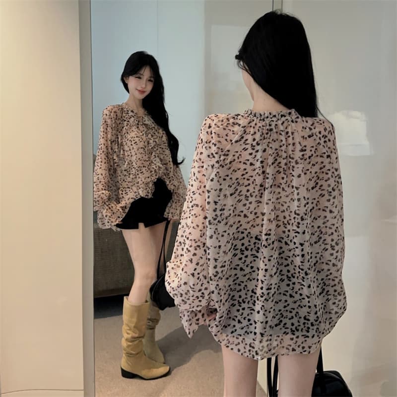 실사 목이버섯 프릴 레이스업 레오파드 무늬 루즈핏 마이크로 ~을 통해 긴팔 쉬폰 셔츠 상세 이미지 7