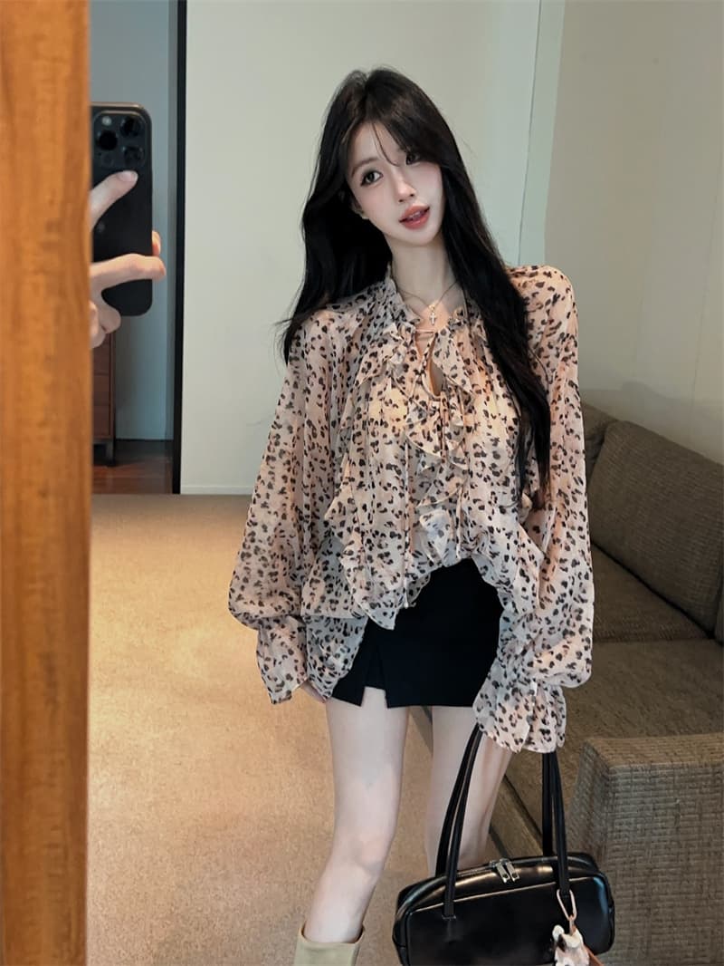 실사 목이버섯 프릴 레이스업 레오파드 무늬 루즈핏 마이크로 ~을 통해 긴팔 쉬폰 셔츠 상세 이미지 8