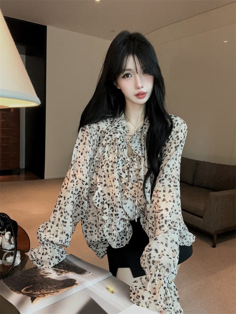 실사 목이버섯 프릴 레이스업 레오파드 무늬 루즈핏 마이크로 ~을 통해 긴팔 쉬폰 셔츠 상세 이미지 9