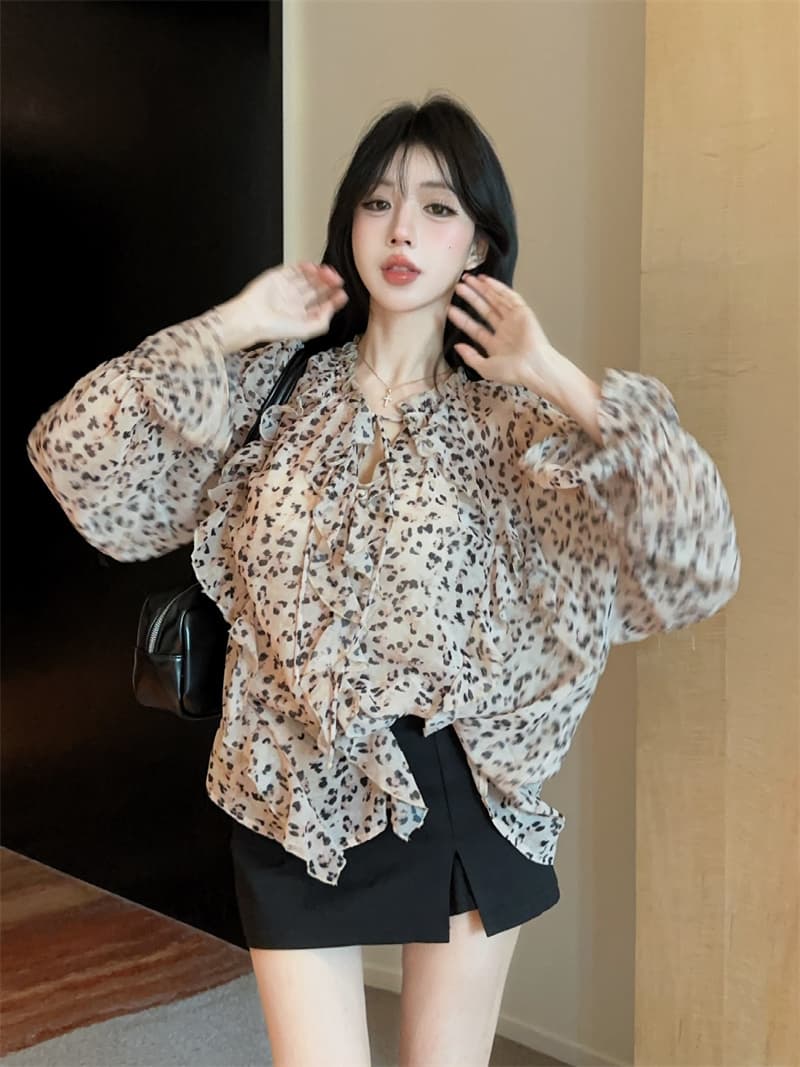 실사 목이버섯 프릴 레이스업 레오파드 무늬 루즈핏 마이크로 ~을 통해 긴팔 쉬폰 셔츠 상세 이미지 11