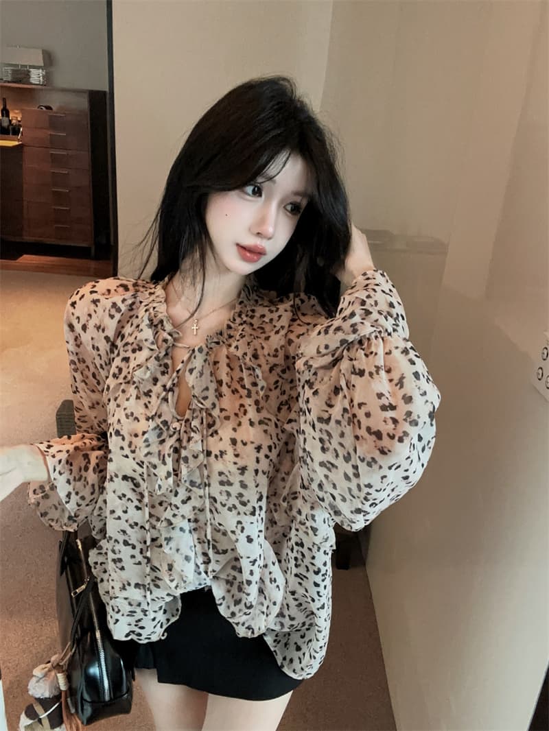 실사 목이버섯 프릴 레이스업 레오파드 무늬 루즈핏 마이크로 ~을 통해 긴팔 쉬폰 셔츠 상세 이미지 12