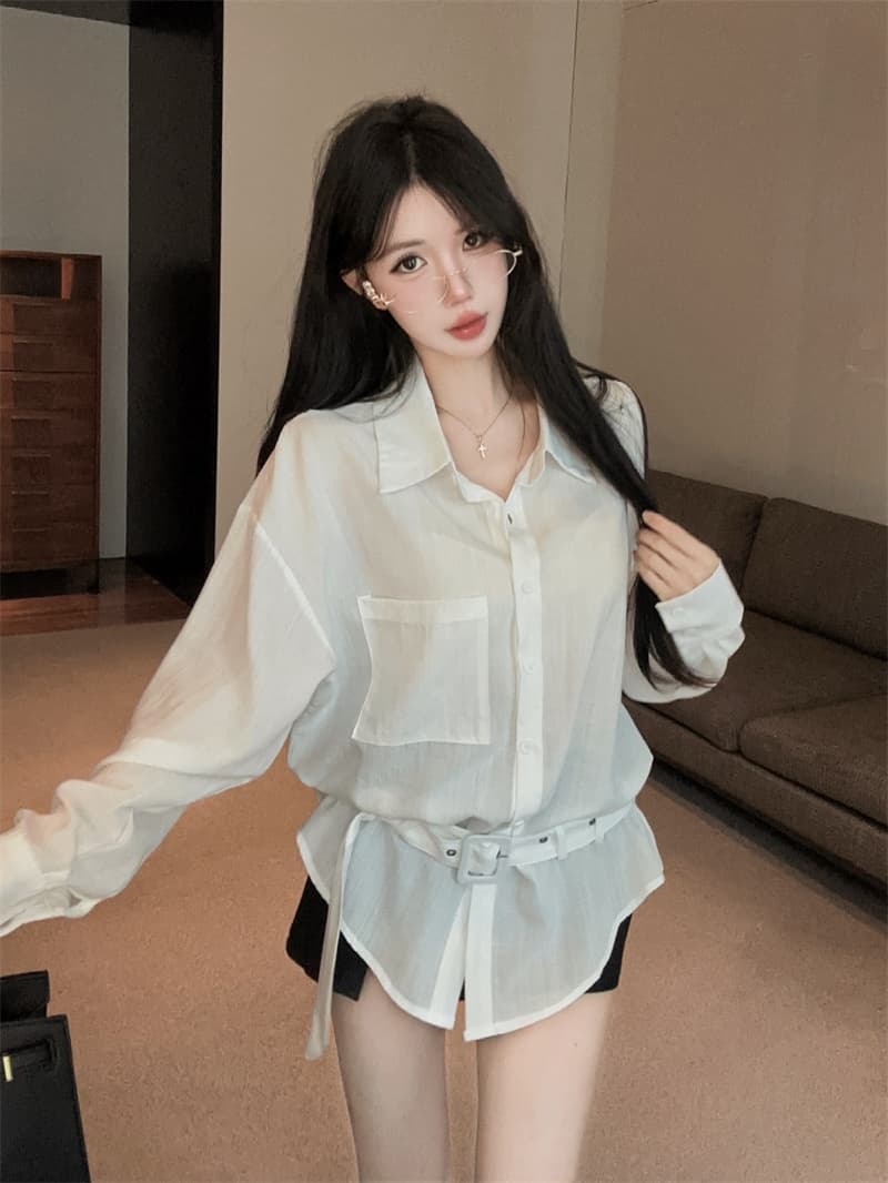 실사 POLO 칼라 싱글 줄 버튼 주머니 허리 수축 화이트 디자인 센스 품격 핫걸 셔츠 긴팔 맨위 상세 이미지 1