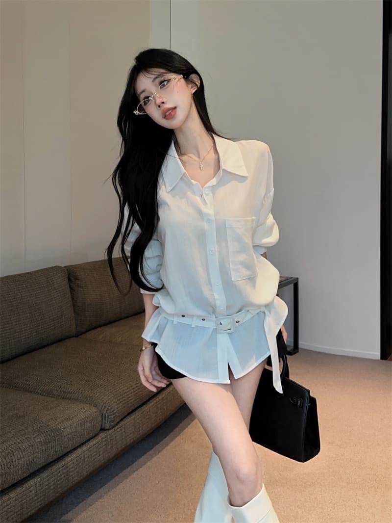실사 POLO 칼라 싱글 줄 버튼 주머니 허리 수축 화이트 디자인 센스 품격 핫걸 셔츠 긴팔 맨위 상세 이미지 2