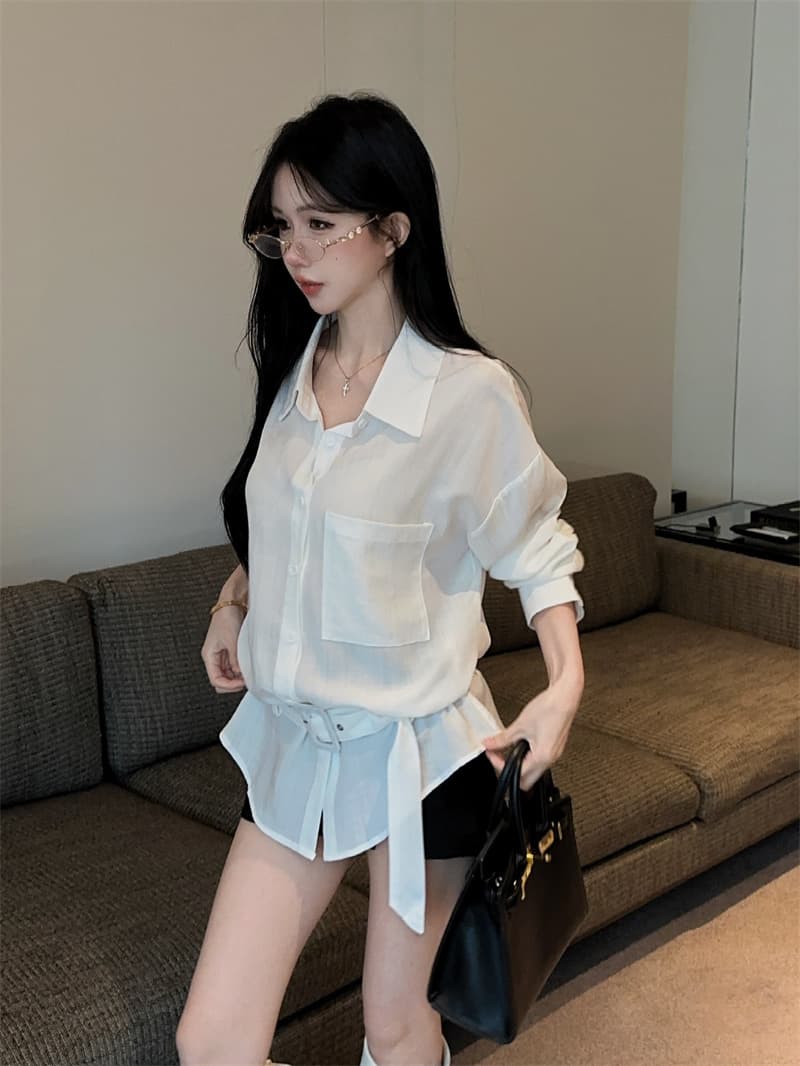 실사 POLO 칼라 싱글 줄 버튼 주머니 허리 수축 화이트 디자인 센스 품격 핫걸 셔츠 긴팔 맨위 상세 이미지 3