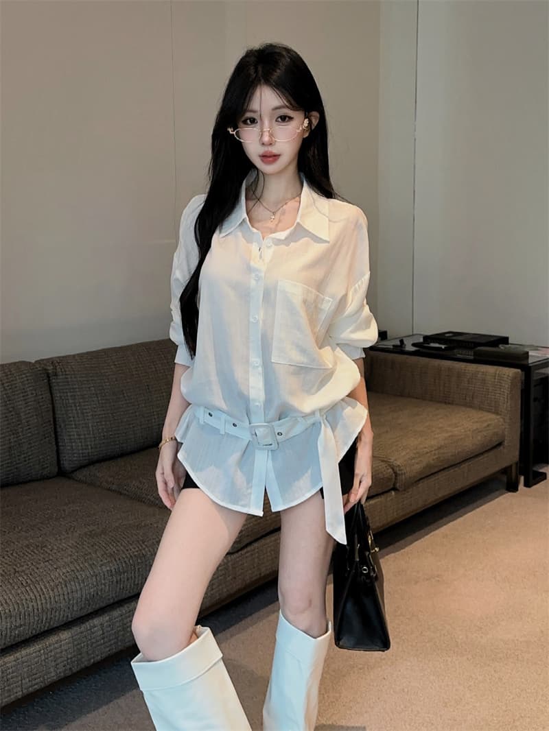 실사 POLO 칼라 싱글 줄 버튼 주머니 허리 수축 화이트 디자인 센스 품격 핫걸 셔츠 긴팔 맨위 상세 이미지 4