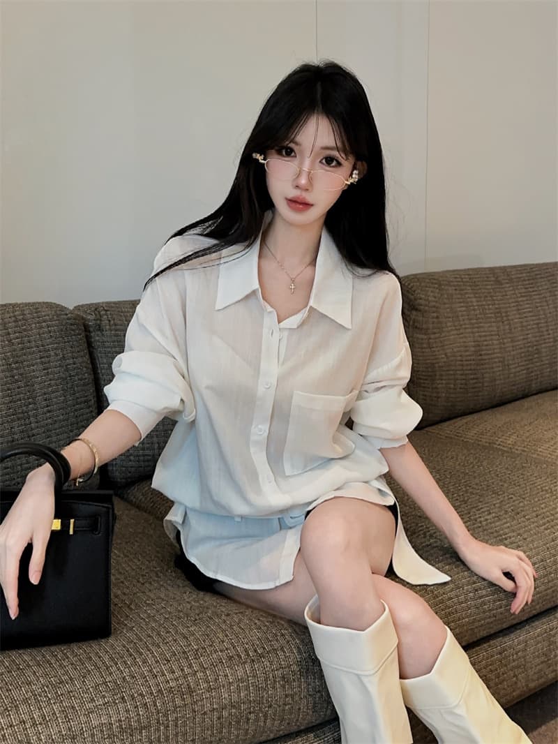 실사 POLO 칼라 싱글 줄 버튼 주머니 허리 수축 화이트 디자인 센스 품격 핫걸 셔츠 긴팔 맨위 상세 이미지 6