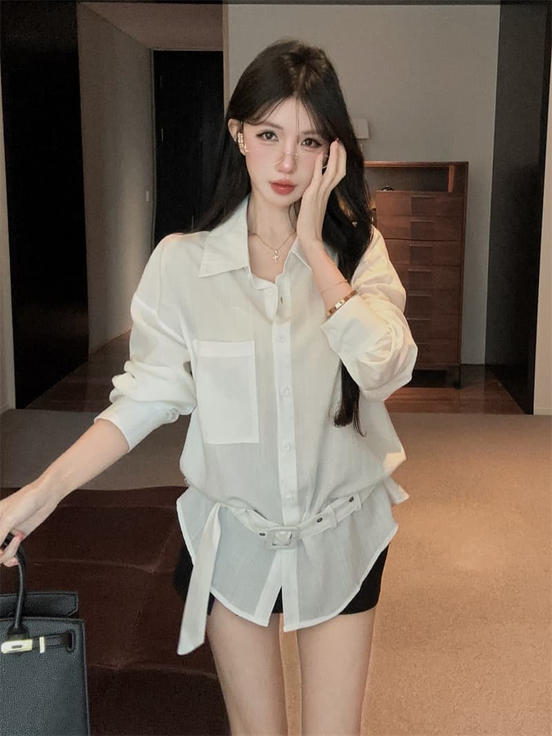 실사 POLO 칼라 싱글 줄 버튼 주머니 허리 수축 화이트 디자인 센스 품격 핫걸 셔츠 긴팔 맨위 상세 이미지 7