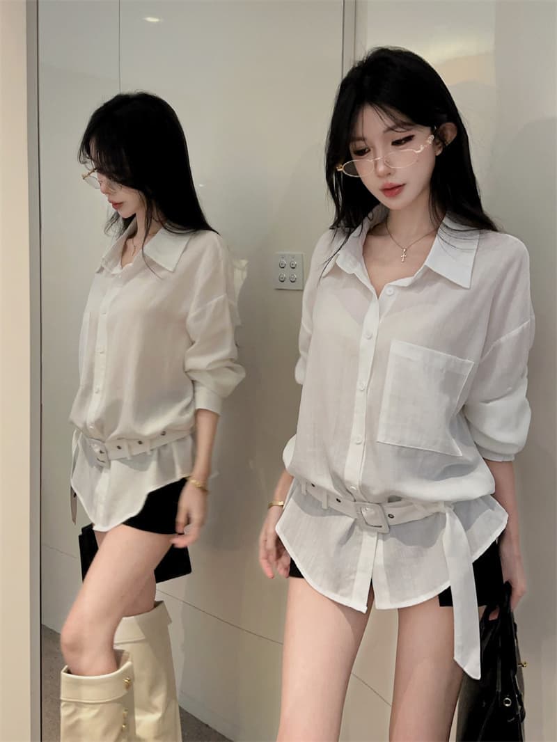 실사 POLO 칼라 싱글 줄 버튼 주머니 허리 수축 화이트 디자인 센스 품격 핫걸 셔츠 긴팔 맨위 상세 이미지 8