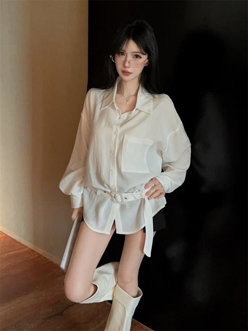 실사 POLO 칼라 싱글 줄 버튼 주머니 허리 수축 화이트 디자인 센스 품격 핫걸 셔츠 긴팔 맨위 상세 이미지 9
