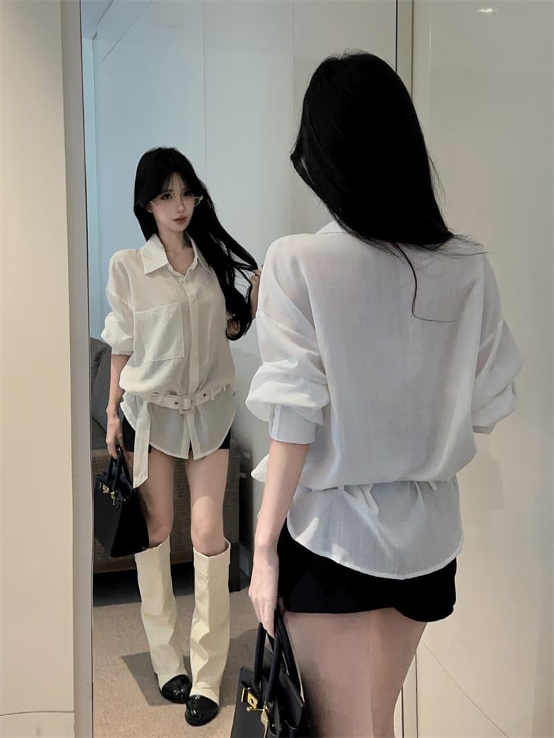 실사 POLO 칼라 싱글 줄 버튼 주머니 허리 수축 화이트 디자인 센스 품격 핫걸 셔츠 긴팔 맨위 상세 이미지 11