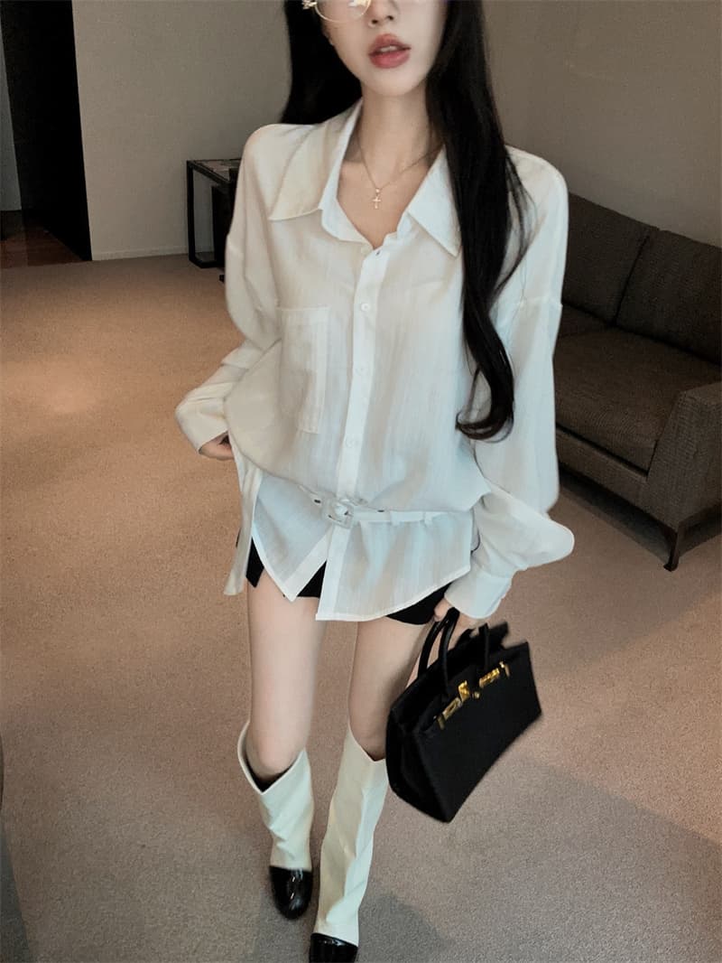 실사 POLO 칼라 싱글 줄 버튼 주머니 허리 수축 화이트 디자인 센스 품격 핫걸 셔츠 긴팔 맨위 상세 이미지 12