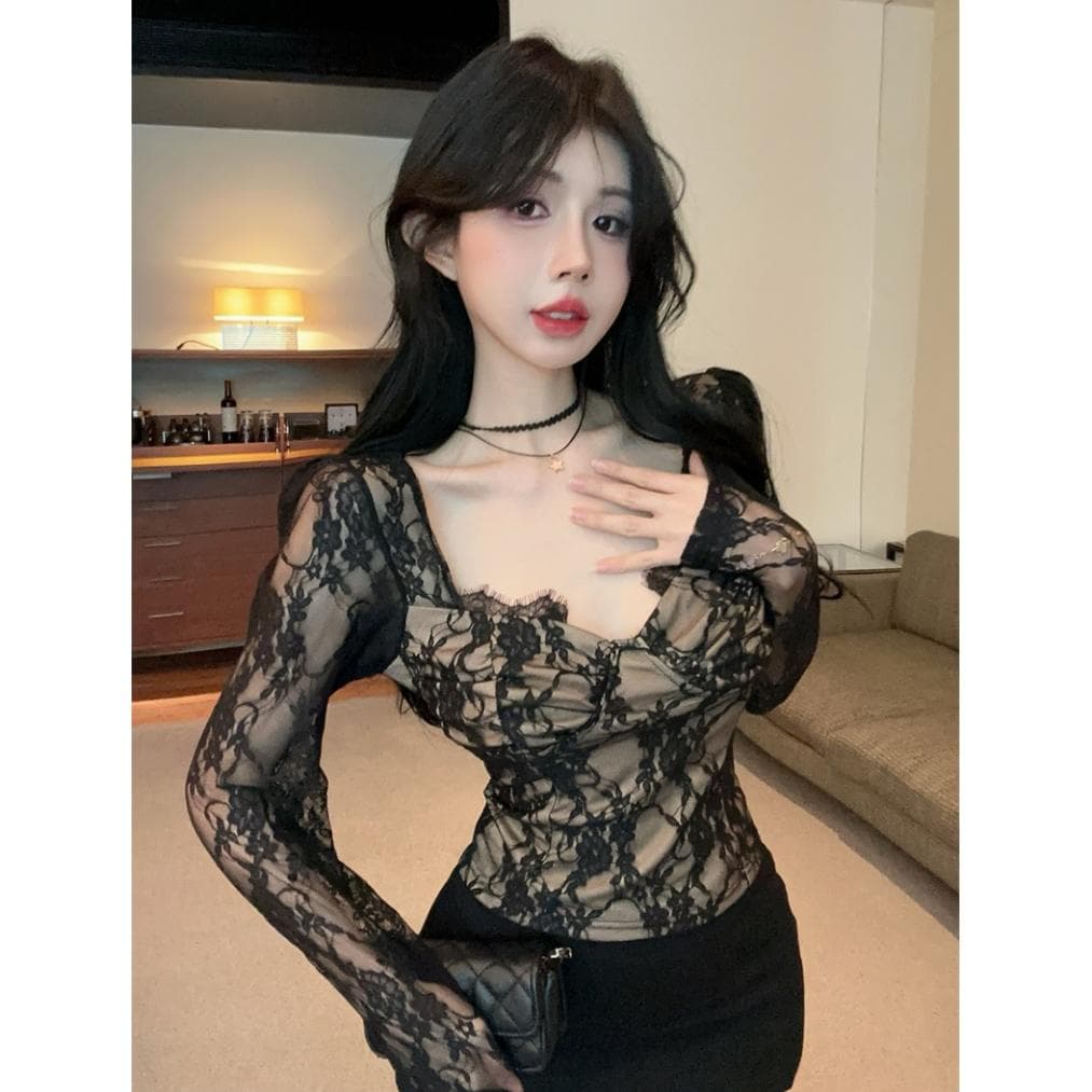 순수한 욕망 레이스 셔츠 깊은 V 넥 몸매 가꾸기 기본 셔츠 맨위 이미지 2