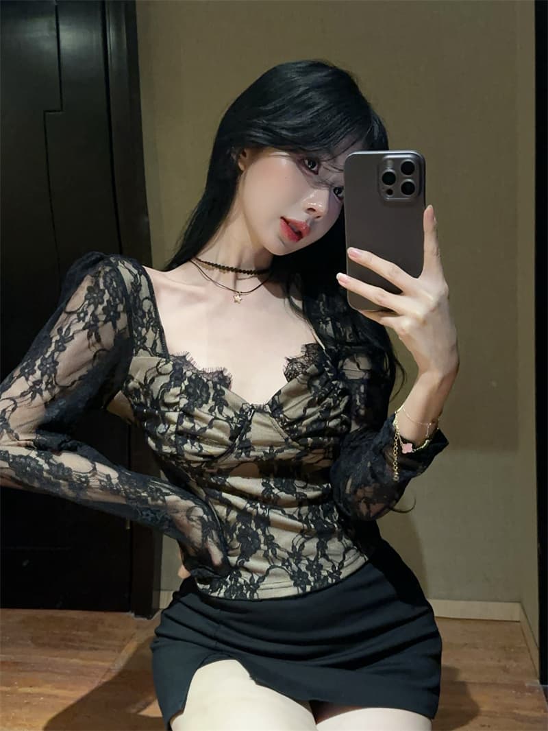순수한 욕망 레이스 셔츠 깊은 V 넥 몸매 가꾸기 기본 셔츠 맨위 상세 이미지 6