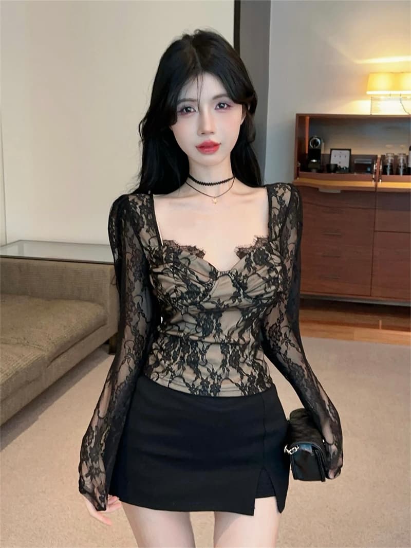 순수한 욕망 레이스 셔츠 깊은 V 넥 몸매 가꾸기 기본 셔츠 맨위 상세 이미지 8