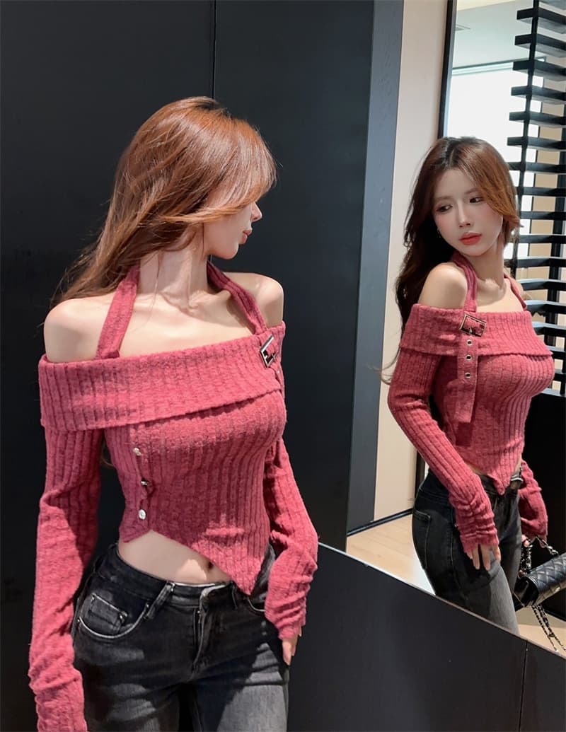 실사 순수한 욕망 행침 목 오프숄더 불규칙 기본 셔츠 맨위 티셔츠 상세 이미지 3