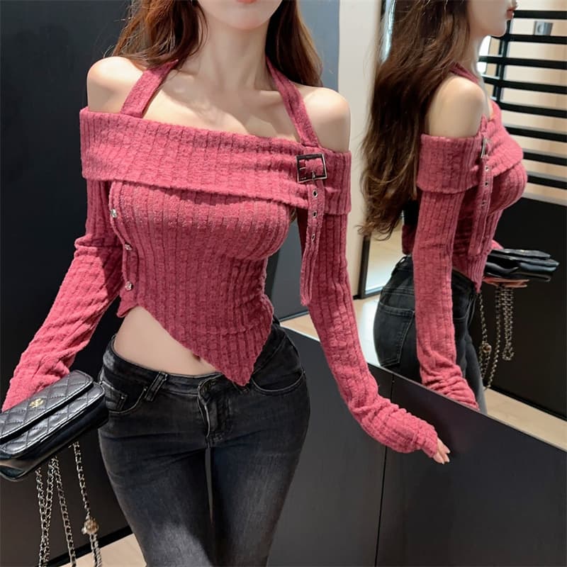 실사 순수한 욕망 행침 목 오프숄더 불규칙 기본 셔츠 맨위 티셔츠 상세 이미지 6