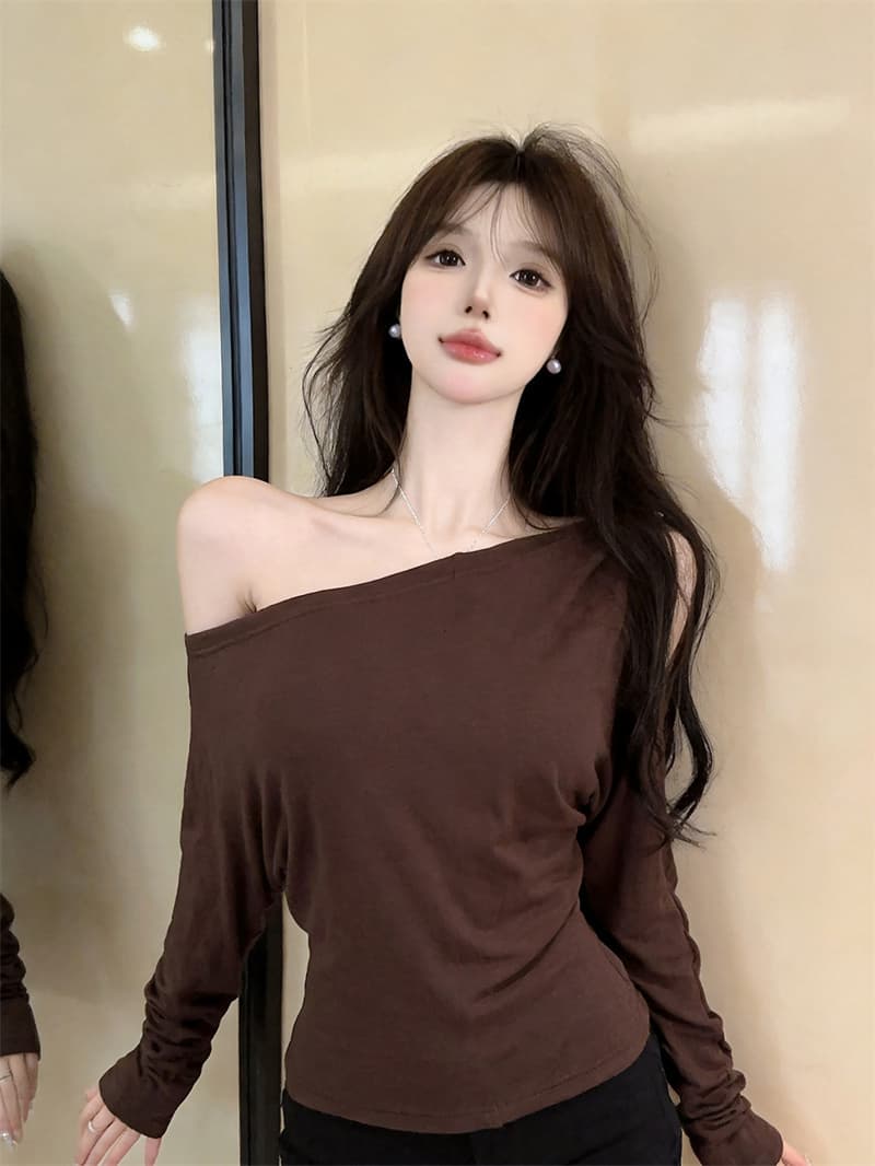 실사 차가운 매운맛 금속 버클 미니멀리즘 다용도 불규칙 비스듬한 어깨 오프숄더 섹시함 긴팔 기본 셔츠 티셔츠 맨위 상세 이미지 12
