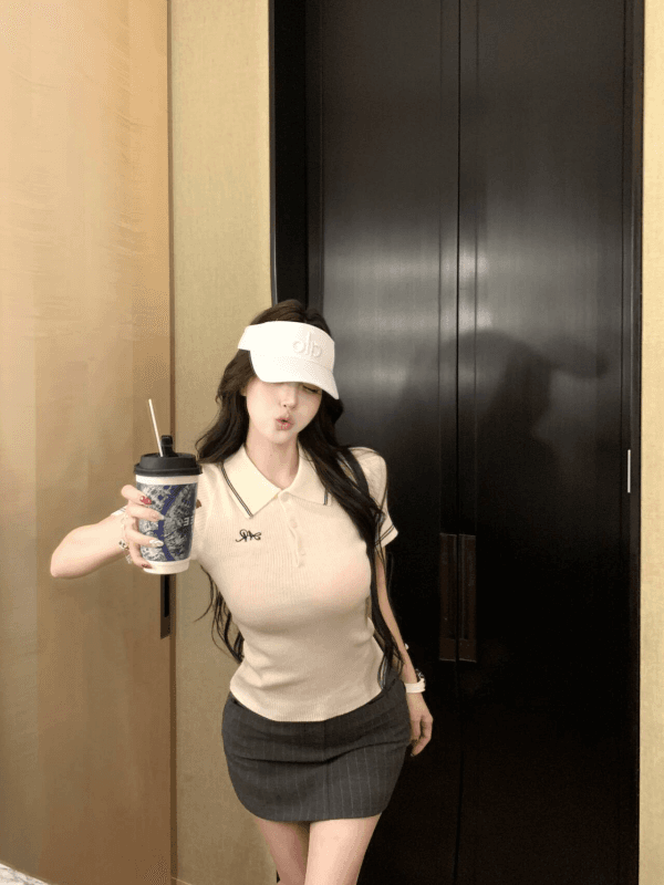 실사 정가 클래식 미니멀리즘 몸매 가꾸기 POLO 칼라 니트 스웨터 반팔 스트라이프 반 스커트 타이트 스커트 수리 슬림해 보이는 미니 스커트 상세 이미지 10
