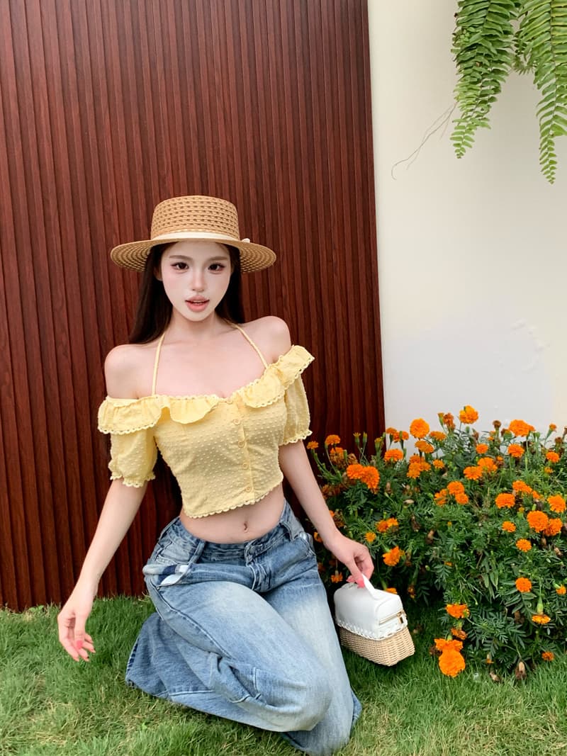실사 정가 단색 작은 셔츠 달콤함 연령 감소 분위기 센스 작은 흰색 꽃 레이스 칼라 오프숄더 반팔 맨위 상세 이미지 4
