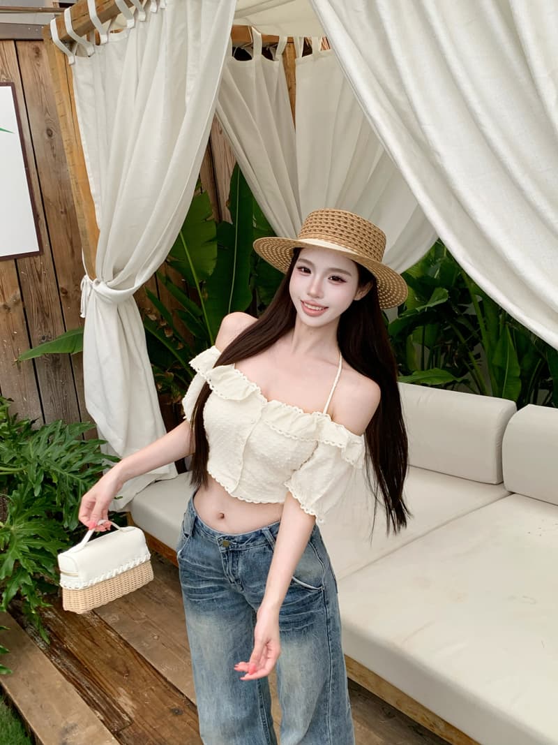 실사 정가 단색 작은 셔츠 달콤함 연령 감소 분위기 센스 작은 흰색 꽃 레이스 칼라 오프숄더 반팔 맨위 상세 이미지 5