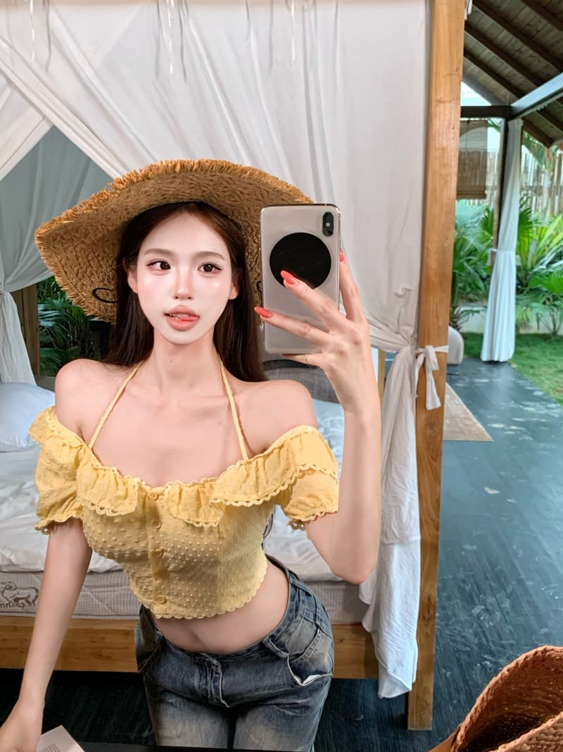 실사 정가 단색 작은 셔츠 달콤함 연령 감소 분위기 센스 작은 흰색 꽃 레이스 칼라 오프숄더 반팔 맨위 상세 이미지 10