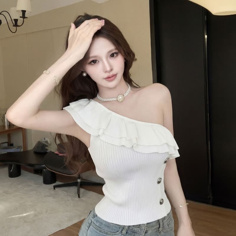 실사 비스듬한 어깨 의류 여성 여름 순수한 욕망 연령 감소 오프숄더 민소매 화이트 숄더백 프릴 튜브탑 니트 조끼 이미지 5
